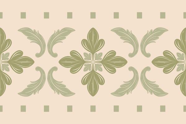 Greatest Nature Inspired Medieval Celadon Green Color Scroll Ornament Geometric on Beige Background. Baroque Floral and Leaves Botany Style for All Decoration Mattress Wallpaper Batik Scarf Embroidery