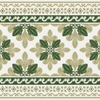 Beautiful Abstract Florals with Green Olive Shades on Beige Background. Delicate Embroidery Royal Silk Weaves Handicraft Botanical Border Pattern. Elegance Baroque Scroll Ornament Diamond Tiles Mosaic vector