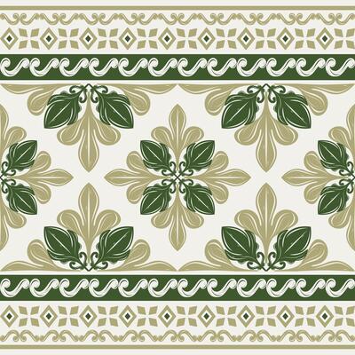 Beautiful Abstract Florals with Green Olive Shades on Beige Background. Delicate Embroidery Royal Silk Weaves Handicraft Botanical Border Pattern. Elegance Baroque Scroll Ornament Diamond Tiles Mosaic