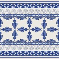 Dainty Elegance Border with Royal Blue Baroque Ornament on Light Beige Background. Abstract Motif Florals Artwork Pattern for Greetings Cover Embroidery Textiles Silk Weaves Lace Tiles Elaborate Style vector