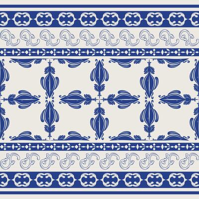 Dainty Elegance Border with Royal Blue Baroque Ornament on Light Beige Background. Abstract Motif Florals Artwork Pattern for Greetings Cover Embroidery Textiles Silk Weaves Lace Tiles Elaborate Style