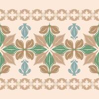 Delicate Ikat Damask Elegance Victorian Baroque Ornament with Brown Green Blue on Beige Background Seamless Border Pattern. Abstract Medieval Florals Textiles Mythology Inspired Embroidery Silk Scarf vector