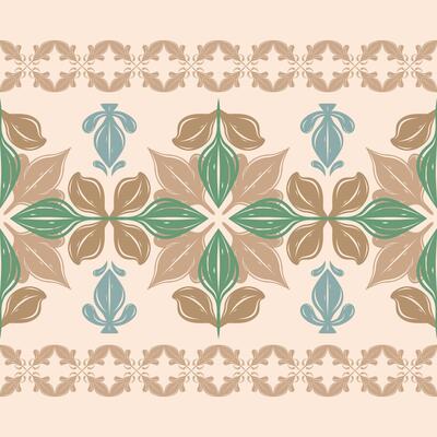 Delicate Ikat Damask Elegance Victorian Baroque Ornament with Brown Green Blue on Beige Background Seamless Border Pattern. Abstract Medieval Florals Textiles Mythology Inspired Embroidery Silk Scarf