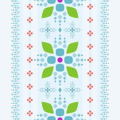 Vertical Geometric Floral Stripe Pattern playful and vibrant seamless featuring vertical floral stripes, soft blue diamond dots, stylized flower motifs in green, red, purple. summer textiles silk kids