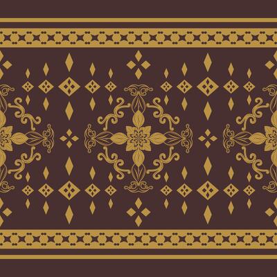 Traditional Flourish Scroll Ornament Geometric Luxury Design Medieval Border Pattern Golden Silk Filigree Element Brown Background. Beautiful Delicate Victorian Style for Embroidery Palace Royal Silk
