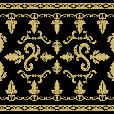 Royal Mystery Elaborate Black Baroque Ornament Seamless Border Pattern. Elaborate Golden Silk Weaves Florals illustration Luxury Wealth Style for Interior Decoration Embroidery Filigree Wallpaper Lace