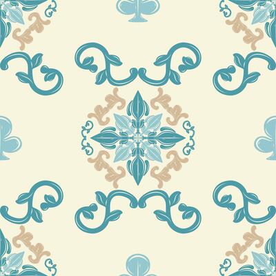 Seamless Elegance Medieval Victorian European Luxury Ornament with Blue Gold on Beige Background. Elegance Exquisitely Spade Fantasy Florals Atlantis Baroque Inspired Embroidery Tile Branding Textiles