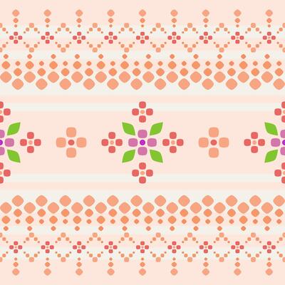 Peach Tone Floral Seamless Pattern with Diamond Dots. Soft pastel peach dotted diamonds and central floral motifs in pink green. Combination of rhythm and symmetry gentle playful feel, baby products