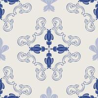 Grandiose Mythology Heavenly Hand Drawn Inspired Seamless Pattern. Royal Blue Scroll Ornament Motif Repeat Detailed Fleur de lis Baroque Style for Branding Tiles Ceramic Mosaic Vintage Elegance Museum vector
