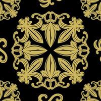 Elaborate Fleur de lis Seamless Repeat Decoration with Golden Silk Weaves on Black Background Elaborate Design Luxury Pattern. Elegance Intricate Detailed for Delicate Neat Embroidery Tiles Carpet Rug vector
