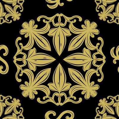Elaborate Fleur de lis Seamless Repeat Decoration with Golden Silk Weaves on Black Background Elaborate Design Luxury Pattern. Elegance Intricate Detailed for Delicate Neat Embroidery Tiles Carpet Rug