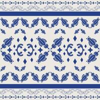 Honor of Royal Blue Abstract Elaborate Detailed on Light Beige Background Beautiful Florals Seamless Pattern Border. Fine Azulejo Delicate Inspired Decoration Indigo Tablecloth Textile Fabric Ceramics vector