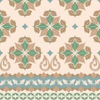Elegant seamless floral pattern with symmetrical lotus like motifs delicate borders in earthy tones. Inspired by vintage Thai ornamentals, ideal for textiles, wallpaper, wrapping paper, silk, bohemian vector