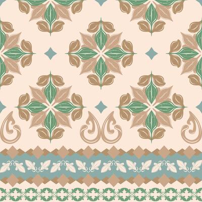 Elegant seamless floral pattern with symmetrical lotus like motifs delicate borders in earthy tones. Inspired by vintage Thai ornamentals, ideal for textiles, wallpaper, wrapping paper, silk, bohemian
