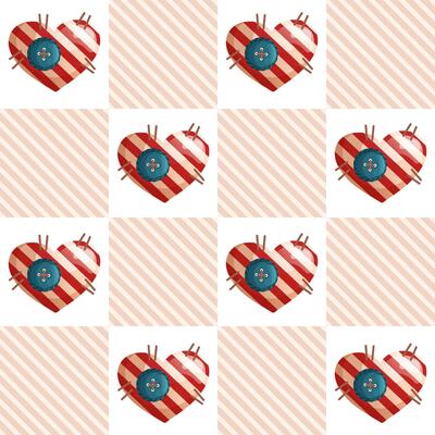 Seamless pattern with hearts, squares and buttons. Geometric repeating gingham pattern, checkered striped plaid texture.