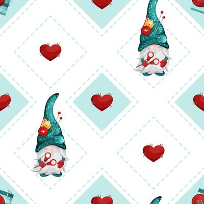 Seamless rhombus pattern with cute gnomes and hearts. Geometric sew texture with scissors.