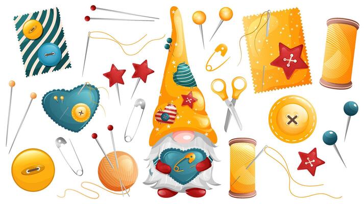 Sewing embroidery and knitting collection. Funny tailor with sewing tools and accessories. illustration.