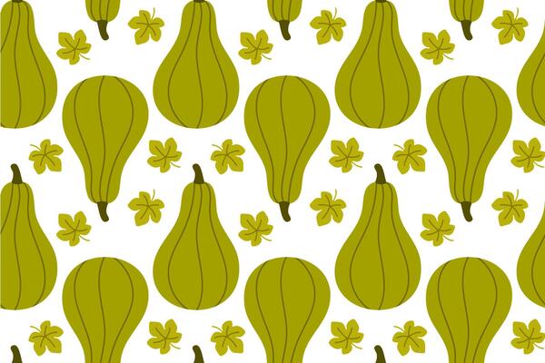 Seamless pattern with green gourds and maple leaves, perfect for fall-themed designs, textile and wrapping