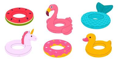 Set of six colorful inflatable pool floats shaped like flamingo, unicorn, duck, watermelon, donut, and mermaid tail, perfect for summer designs and kids' graphics vector