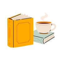 Warm reading corner scene with coffee mug placed beside stacked books vector