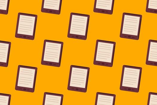 Seamless pattern with digital ebook readers on orange background, great for reading apps, learning tools, and tech-focused designs vector