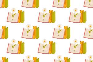 Seamless background of opened books with botanical elements and daisy flowers vector