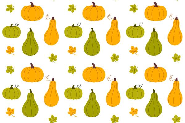 Repeating pattern of yellow and green pumpkins with fall leaves, ideal for thanksgiving decoration and seasonal designs