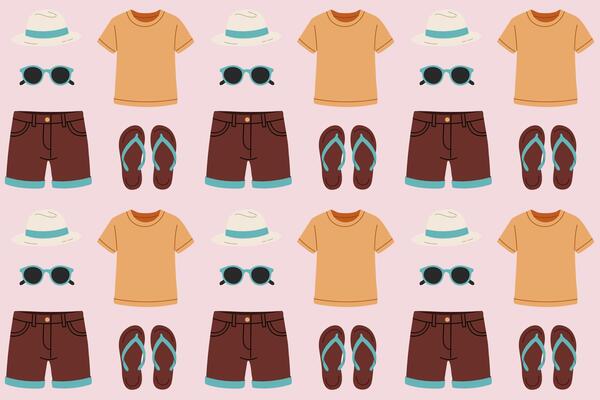 Repeating pattern featuring mens shorts, t-shirt, sunglasses, hat and flip flops