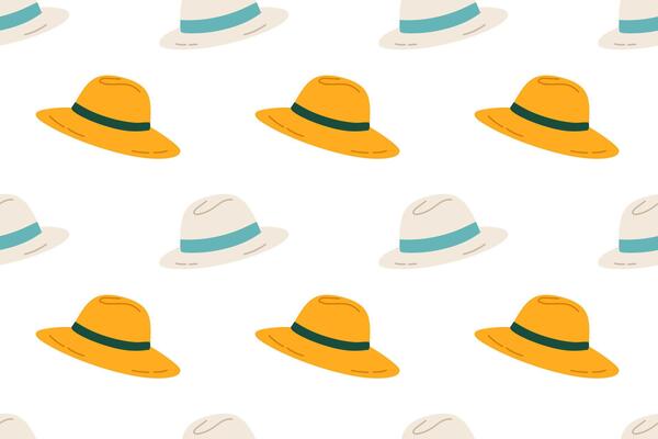 Repeating pattern of yellow and white sun hats for summer textile and design projects