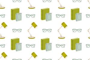 Seamless pattern of desk lamps, books and glasses on white background, ideal for education, library, or workspace visuals vector