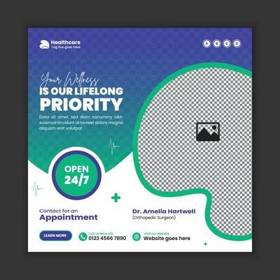 Medical and hospital services social media post banner design, Clinic and doctor Appointment web banner template