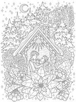 Hand drawn coloring page with loving family couple and child in the house among the trees. Line art illustration. Happy New Year and Merry Christmas card concept vector