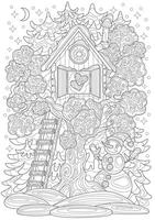 Hand drawn coloring page with snowman, small house with hearts and wooden ladder in winter garden. Line art illustration. Happy New Year and Merry Christmas card concept vector