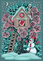 Treehouse and snowman in winter setting vector
