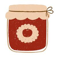 Rustic vintage apple jam jar with decorative label and twine tie. Chalk, crayon or pencil texture hand drawn design element vector