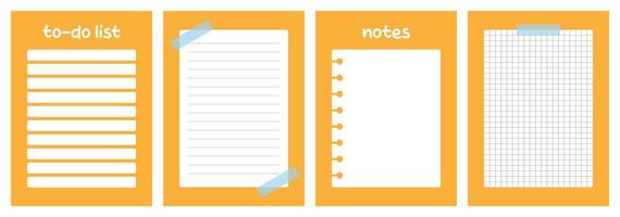 Set of four yellow notebooks with to do list, lined, spiral, and grid paper designs. vector