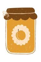 Rustic vintage apricot jam jar with decorative label and twine tie. Chalk, crayon or pencil texture hand drawn design element vector