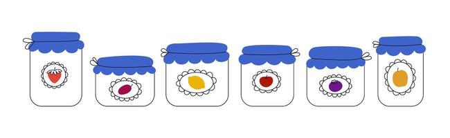 Set of jam jars of different fruits doodle hand drawn outline design elements isolated on white background. Labels of lemon, strawberry, apricot, plum, apple and blueberry jams. vector