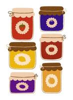 Rustic vintage set of jam jars with decorative label and twine tie. Chalk, crayon or pencil texture hand drawn design elements isolated. Strawberry, lemon, apple, apricot, blueberry and plum jams. vector