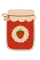 Rustic vintage strawberry jam jar with decorative label and twine tie. Chalk, crayon or pencil texture hand drawn design element vector