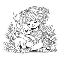 Cute girl sitting and hugging a little deer. Coloring page for kids and adults. Illustration for coloring. vector
