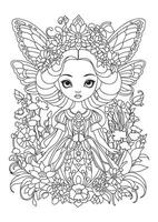 Portrait of a cute fairy girl with flowers. Coloring page for children and adults. Illustration for coloring. vector