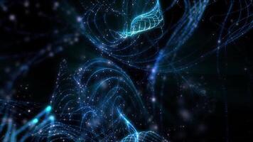 Bright sparkling blue neon light waves on dark background. Futuristic abstraction video