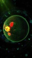 A dark, green-tinged planet orbits in space, with a rocky, textured surface dotted with fiery meteorite craters and volcanoes. video