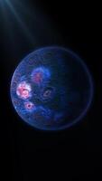 A blue planet orbits in space, its surface rocky and textured, dotted with fiery meteorite craters and volcanoes. video