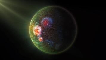 A green planet with a rocky, textured surface dotted with fiery meteor craters and volcanoes orbits in space. video