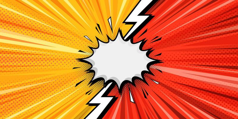 red and yellow comic versus pop with thunder lighting effect blank text speech background