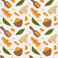 Seamless Pattern of Turmeric Roots and Powder vector