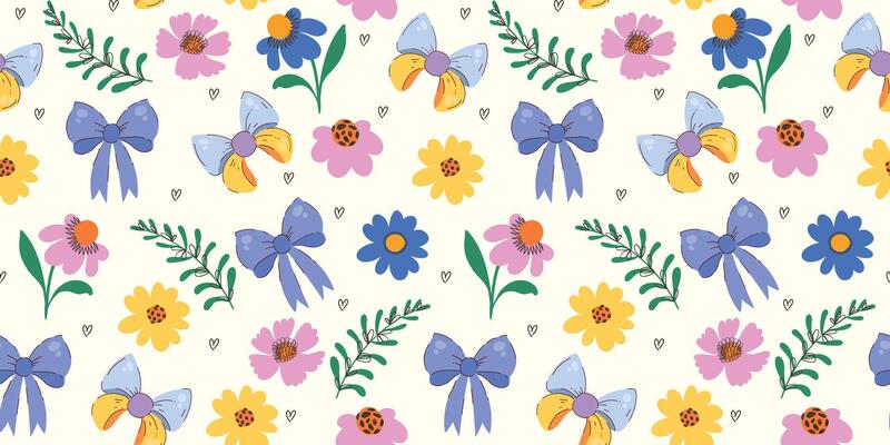 Colorful Cute Flowers Seamless Pattern with Ribbons. Doodle quirky summer and spring plants. Feminine repeatable background perfect for fashion, clothing, cards, invitations, wrapping paper