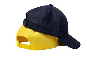 Blue and yellow cap side view isolated on white background. Mockup for design placement. photo